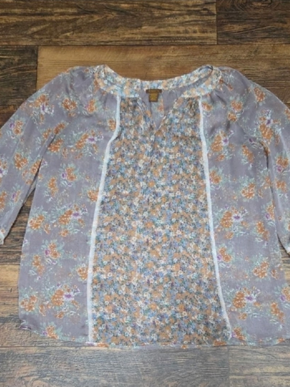 Copper Key Lavender Floral Peasant Blouse with Orange Accents